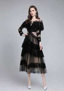 Clarie Boat Neck Lace Layered Dress