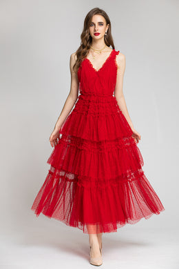 Rose Double V-neck Tulle Layered Dress