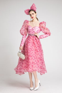 Olivia Puff Sleeve Square Neck A-line Dress With Belt