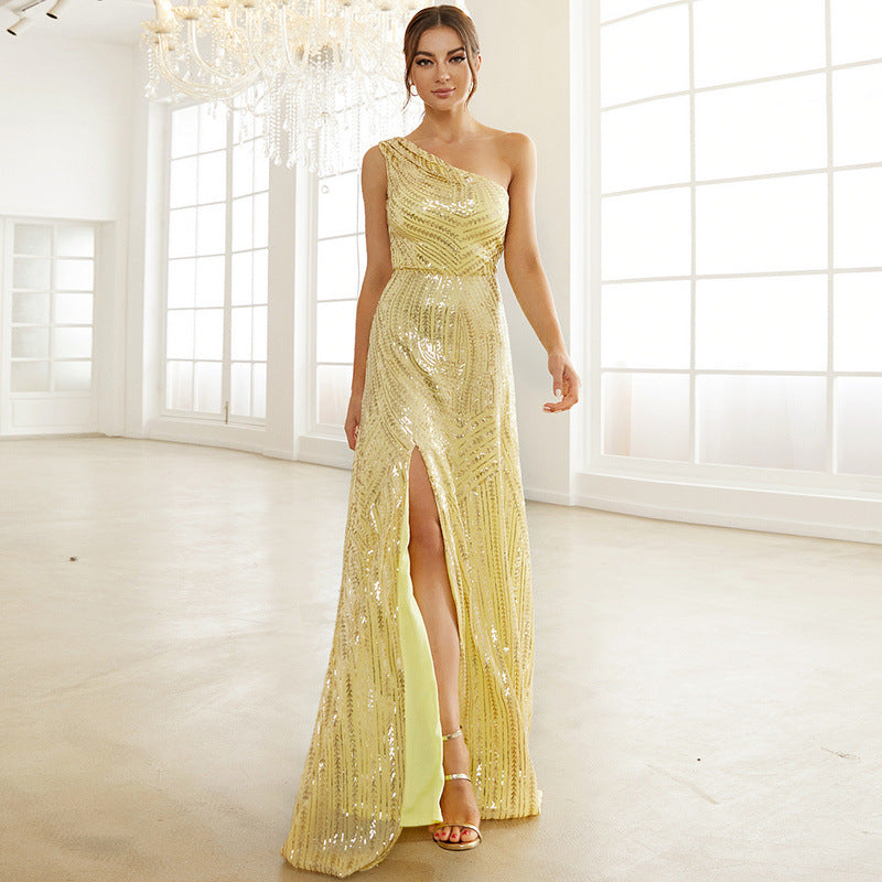 Daphne Single Shoulder Sequin Slit Maxi Dress