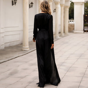 Qatar Deep V-neck Waist Belted High Slit Long Dress