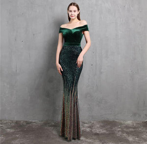 Boat Neck Velvet Contrast Mermaid Maxi Dress