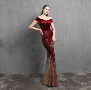 Boat Neck Velvet Contrast Mermaid Maxi Dress