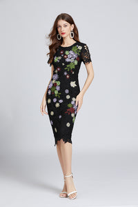 Women Lace Dress Hollow Out Flower Embroidery Wrap Dress