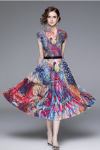 High Quality Pleated fashion printing Short Tops with dresses Two Piece Set
