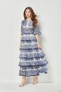 Blue and White Porcelain Ink Printing Cake Dress Round Neck Ruffle Sleeve Casual Loose Dress