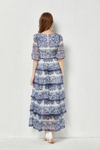 Blue and White Porcelain Ink Printing Cake Dress Round Neck Ruffle Sleeve Casual Loose Dress