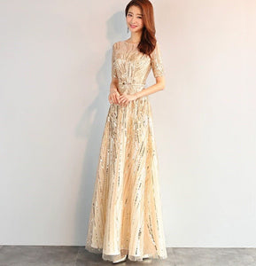 Luxury elegant golden sequined long gown dress