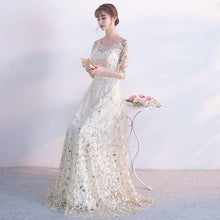 Round Neck Leaf Embroidered Mesh Long Dress