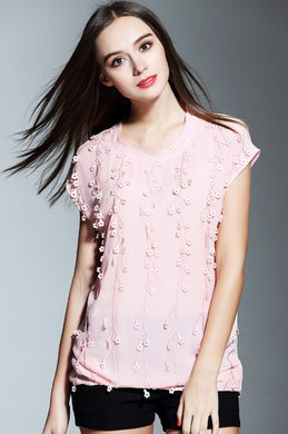 Cap Sleeve Embroidery Silk Top