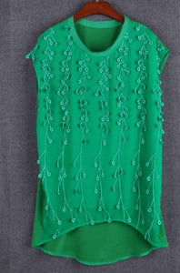 Cap Sleeve Embroidery Silk Top