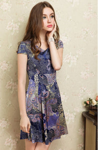 Cap Sleeve Pleated Silk Printed Dress