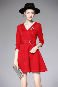 3/4 SLEEVE V-NECK A-LINE STRECTH DRESS