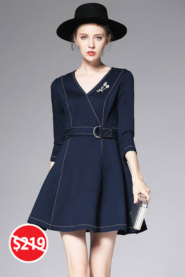 3/4 SLEEVE V-NECK A-LINE STRECTH DRESS