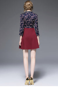 3/4 Sleeve V-neck Contrast A-line Dress