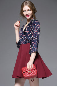 3/4 Sleeve V-neck Contrast A-line Dress