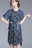 Short Sleeve Lace and Denim Loose Dress