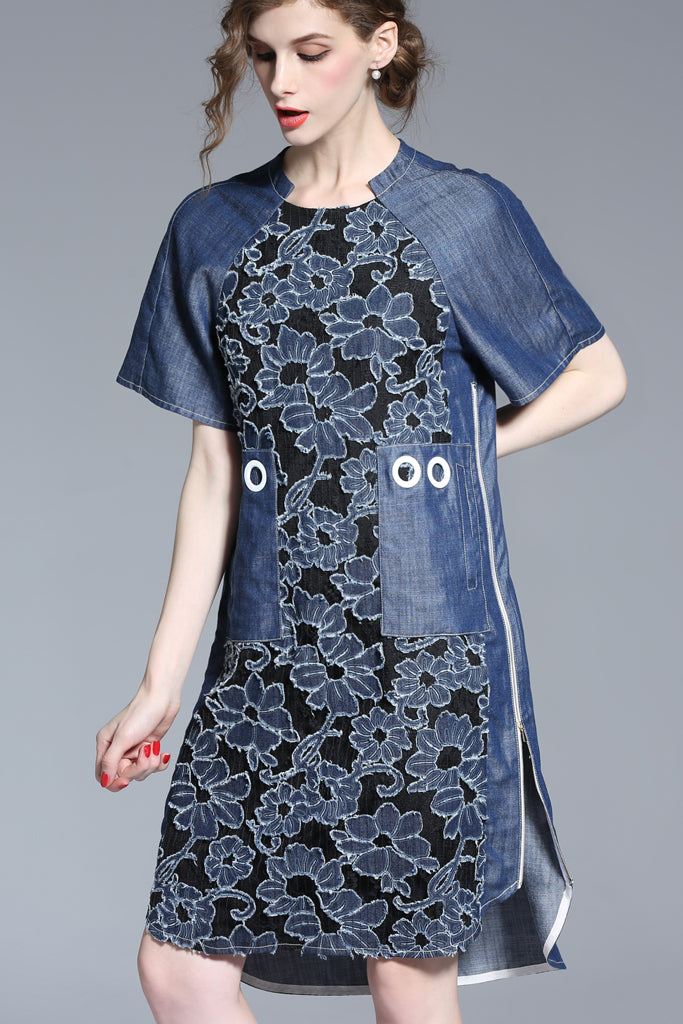 Short Sleeve Lace and Denim Loose Dress – Vicky and Lucas