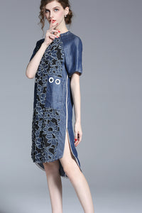 Short Sleeve Lace and Denim Loose Dress