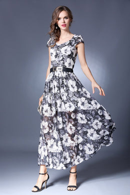 Short Sleeve Printed Lace Long Dress