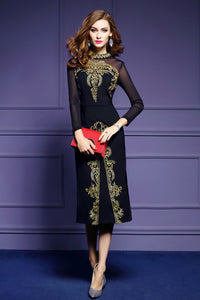 LONG MESH SLEEVE EMBROIDERY FIT AND SHIFT DRESS