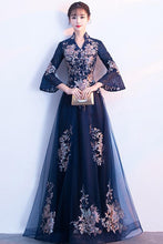 HALF FLARE SLEEVE STAND UP COLLAR PATCHWORK TULLE GOWN