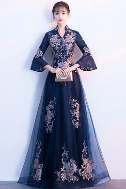 HALF FLARE SLEEVE STAND UP COLLAR PATCHWORK TULLE GOWN