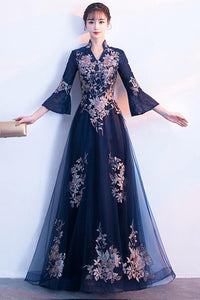 HALF FLARE SLEEVE STAND UP COLLAR PATCHWORK TULLE GOWN