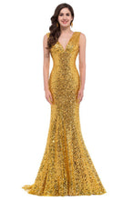 SLEEVELESS DEEP V-NECK SEQUIN FISHTAIL FORMAL DRESS