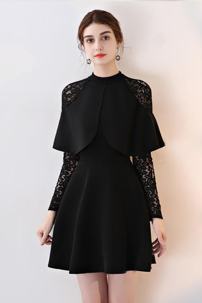 LONG LACE SLEEVE CONTRAST OVERLAY DRESS