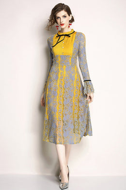 Button Front Tie-neck Lace A-line Dress