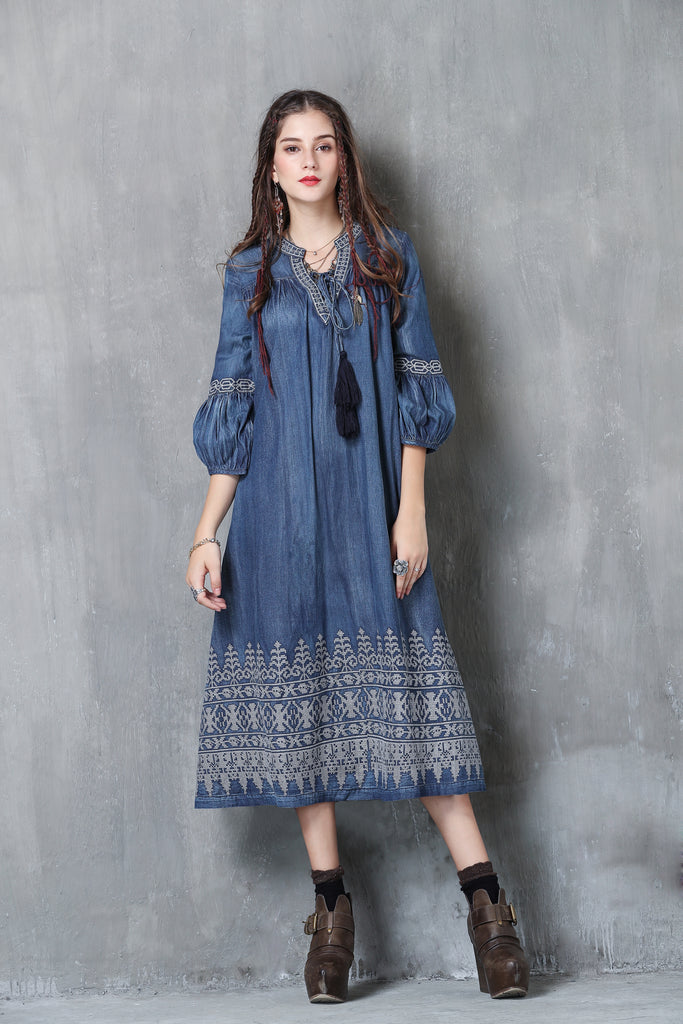 3/4 PUFF SLEEVE V-NECK EMBROIDERY DENIM LOOSE DRESS – Vicky and Lucas