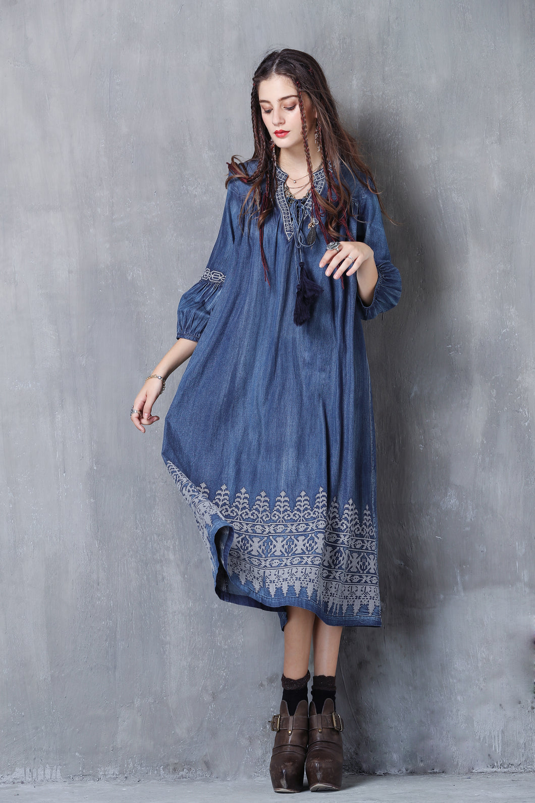 3/4 PUFF SLEEVE V-NECK EMBROIDERY DENIM LOOSE DRESS – Vicky and Lucas
