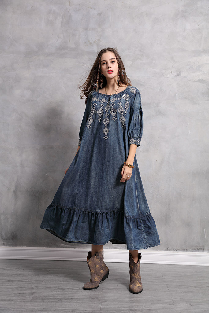3/4 SLEEVE RUFFLE HEM DENIM MAXI DRESS – Vicky and Lucas