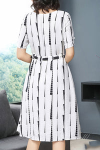 Short Sleeve Waist Drawstring O-neck Midi Dress