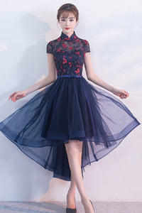 CAP SLEEVE STAND UP COLLAR LACE FLOWER HIGH-LOW DRESS