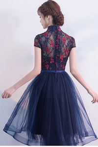 CAP SLEEVE STAND UP COLLAR LACE FLOWER HIGH-LOW DRESS