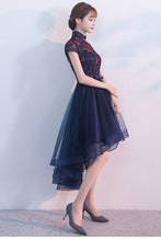 CAP SLEEVE STAND UP COLLAR LACE FLOWER HIGH-LOW DRESS