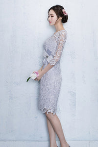 3/4 SLEEVE HOLLOW OUT LACE SHEATH DRESS WITH WAIST BOWKNOT