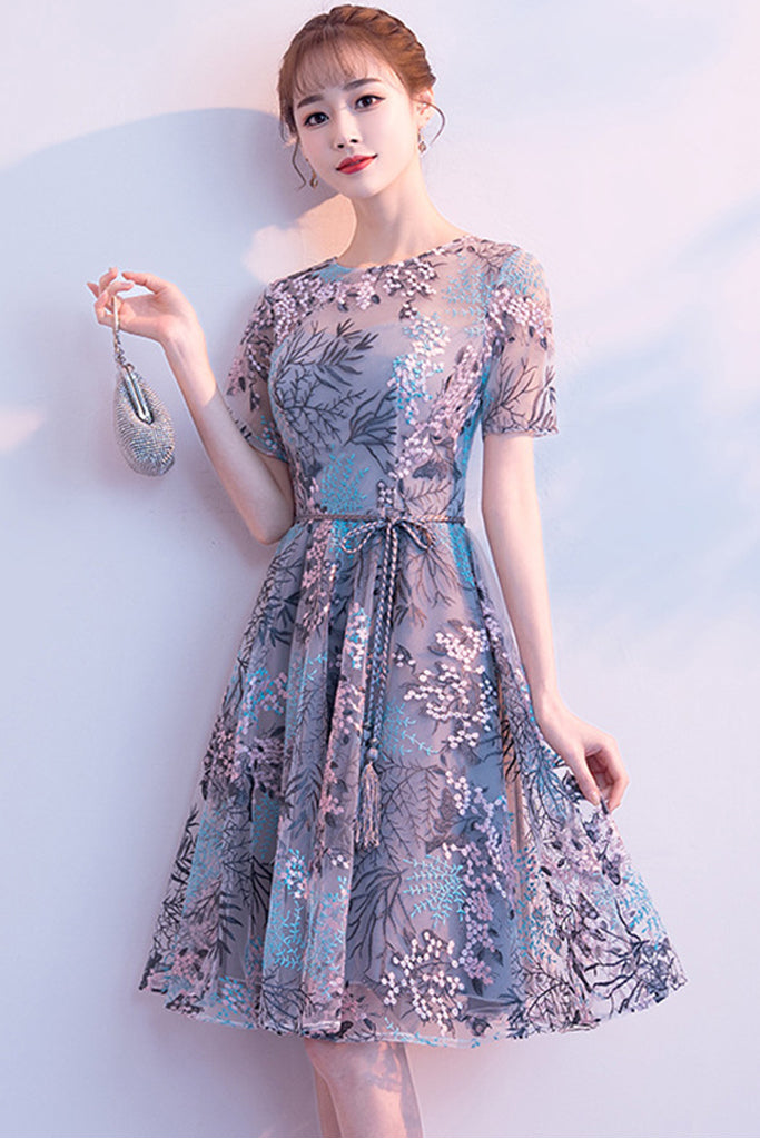 embroidered tulle midi dress Romantic Floral Embroidered Tulle Midi Dress with Pink Ribbon Straps Custom Color / Above Knee / US18
