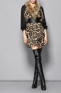 Silk and Fur Trimmed Dress with Faux Leather Belt