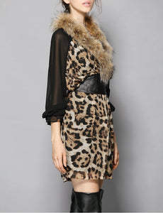 Silk and Fur Trimmed Dress with Faux Leather Belt