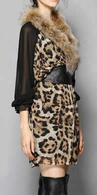 Silk and Fur Trimmed Dress with Faux Leather Belt