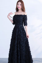 HALF SLEEVE OFF SHOULDER SHAGGY MAXI FORMAL DRESS
