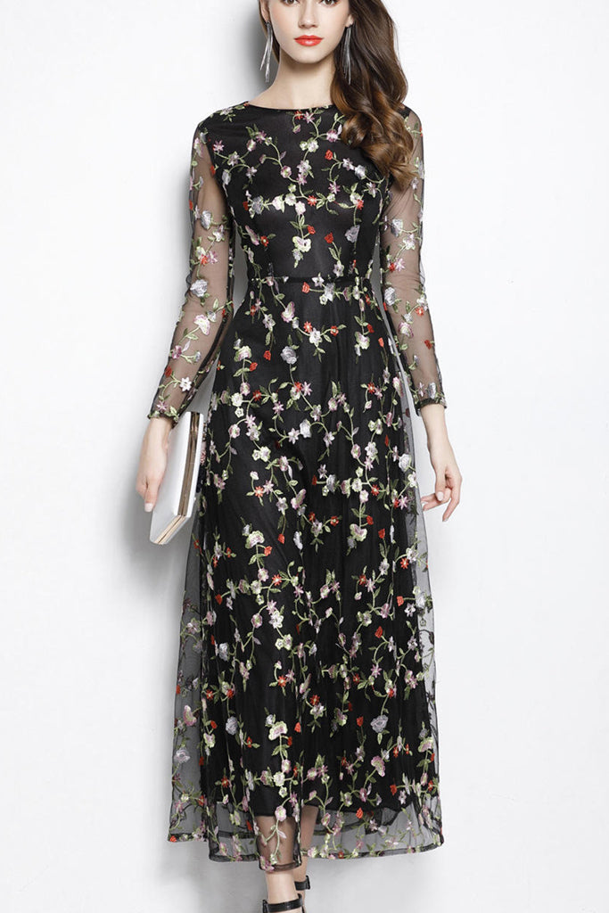LONG SLEEVE EMBROIDERY ORGANZA LONG DRESS - L in clearance