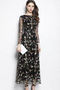 LONG SLEEVE EMBROIDERY ORGANZA LONG DRESS