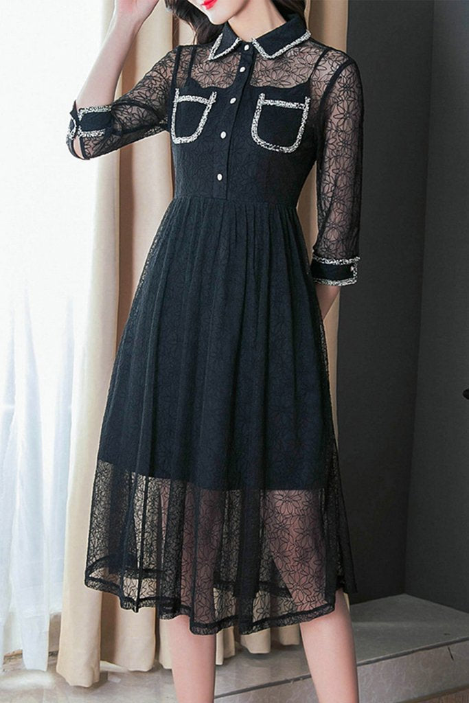 Lace Overlay Shirt-Collar Fit & Flare Dress Vicky and Lucas Lace Overlay Shirt-Collar Fit & Flare Dress Vicky and Lucas