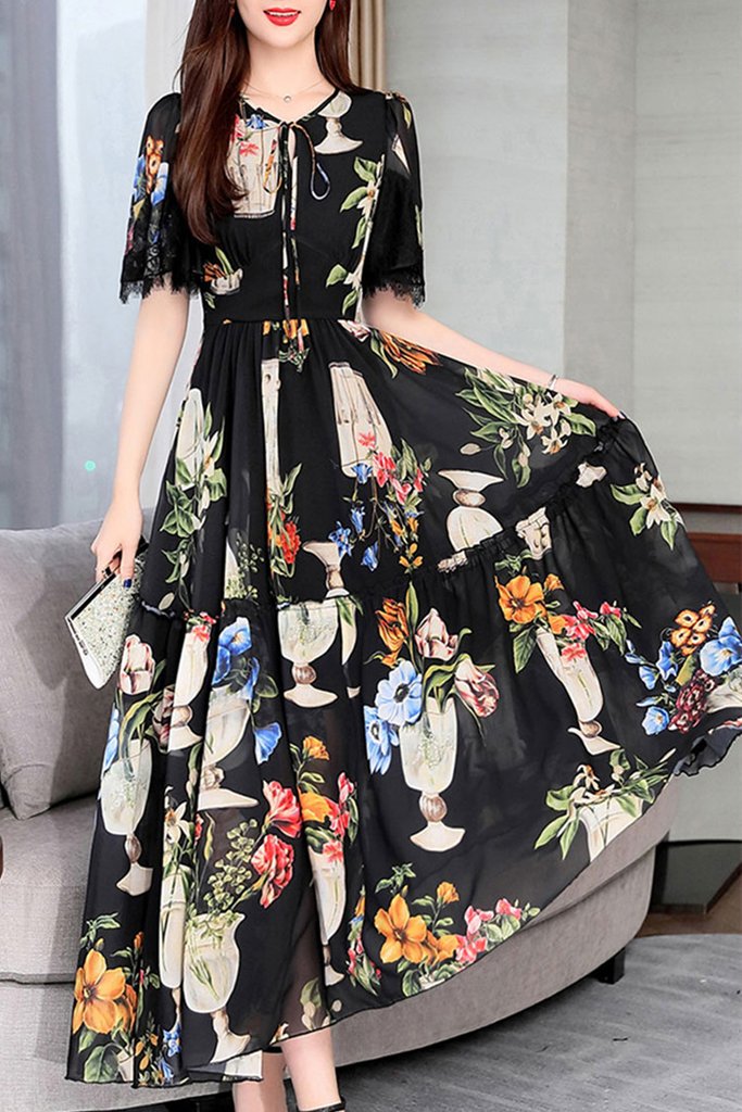 Flare Sleeve Floral Maxi Dress