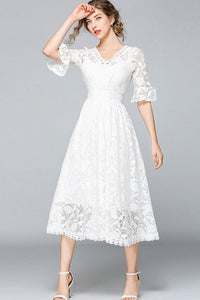 Half Ruffle Sleeve Hollow Out Lace Dress
