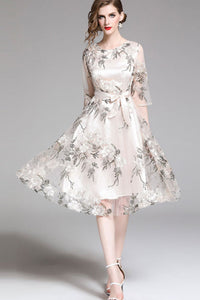 3/4 SLEEVE EMBROIDERED ORGANZA  A-LINE DRESS